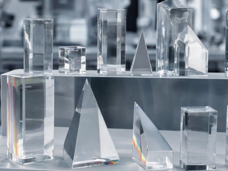 A display shows clear optical prisms and glass blocks arranged on a lab bench with blurred equipment behind them.