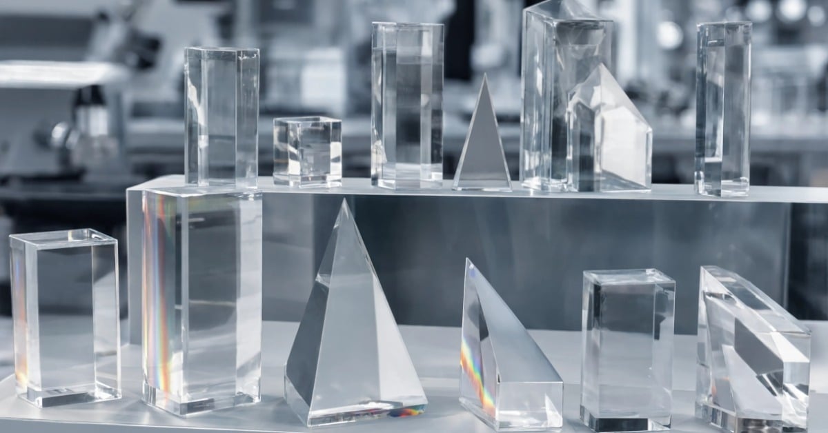 A display shows clear optical prisms and glass blocks arranged on a lab bench with blurred equipment behind them.