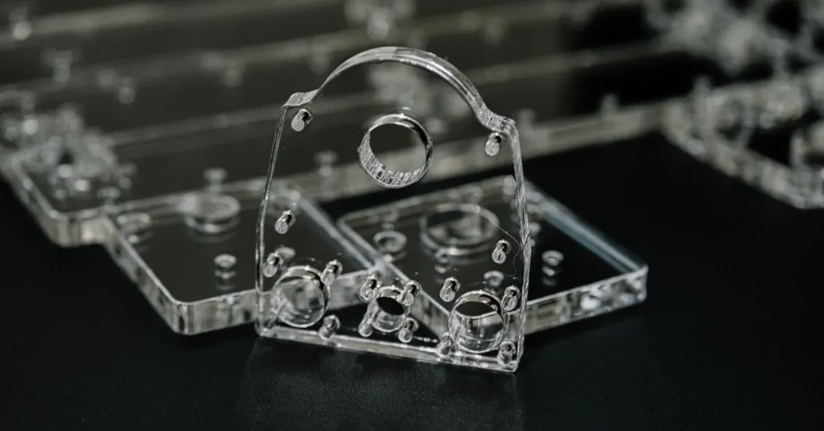 A custom glass component with drilled holes stands in front of matching clear parts on a dark inspection surface.