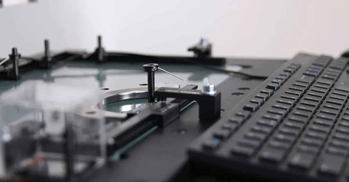 A precision inspection machine holds a glass part beside a keyboard and metal fixtures in a technical lab.