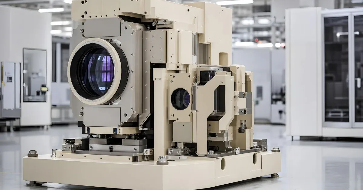 A large optical assembly with glass lenses sits on a clean factory floor beside smaller precision equipment.