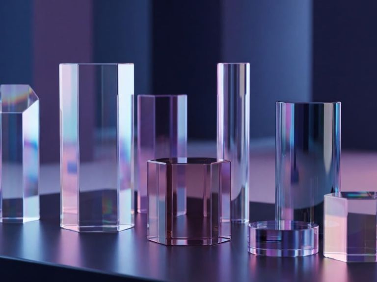 Eight polished glass prisms and cylinders stand on a dark table as purple and blue light reflects across their surfaces.